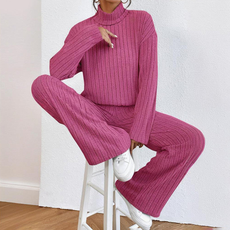Women's Solid Color 2-Piece Set High Neck Long Sleeve Top & Pants, Striped Loungewear