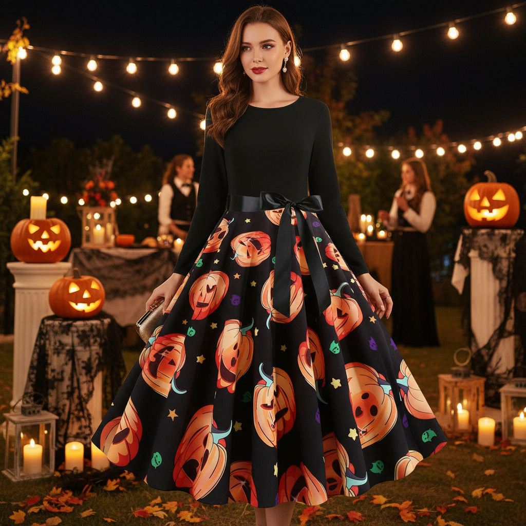 Halloween New Round Neck Elegant Party Print Dress