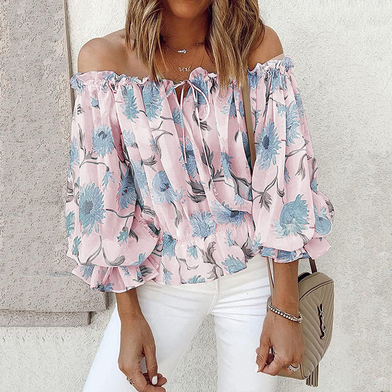 Womens Summer Off Shoulder Blouse Floral Print Ruffle Sleeve Casual Chiffon Tops Shirts