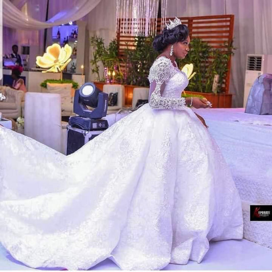 Lace Wedding Dress Long Sleeves Round Neck Big Tail