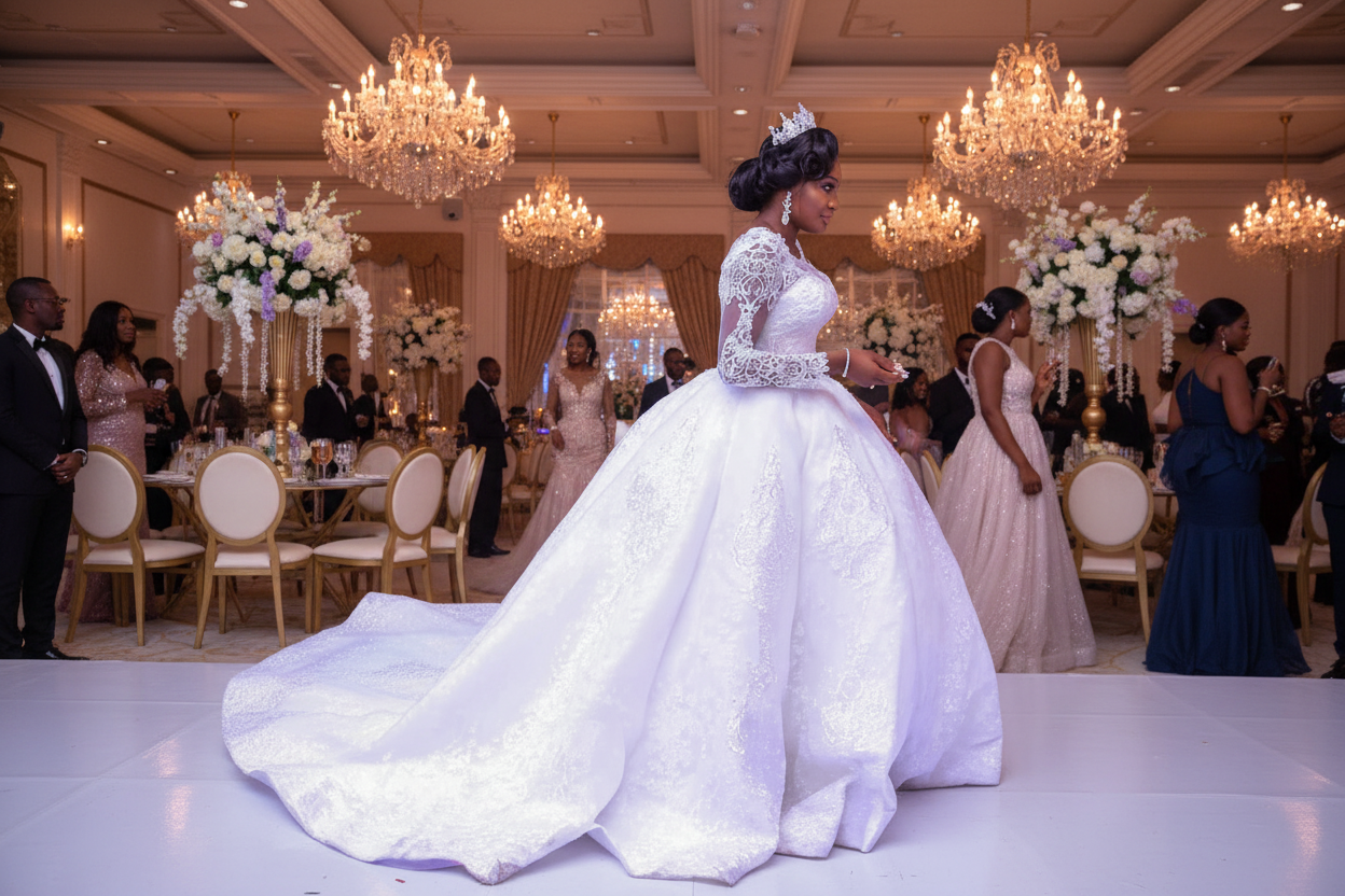 White lace wedding dress in side view, long sleeves and round neck, extended train