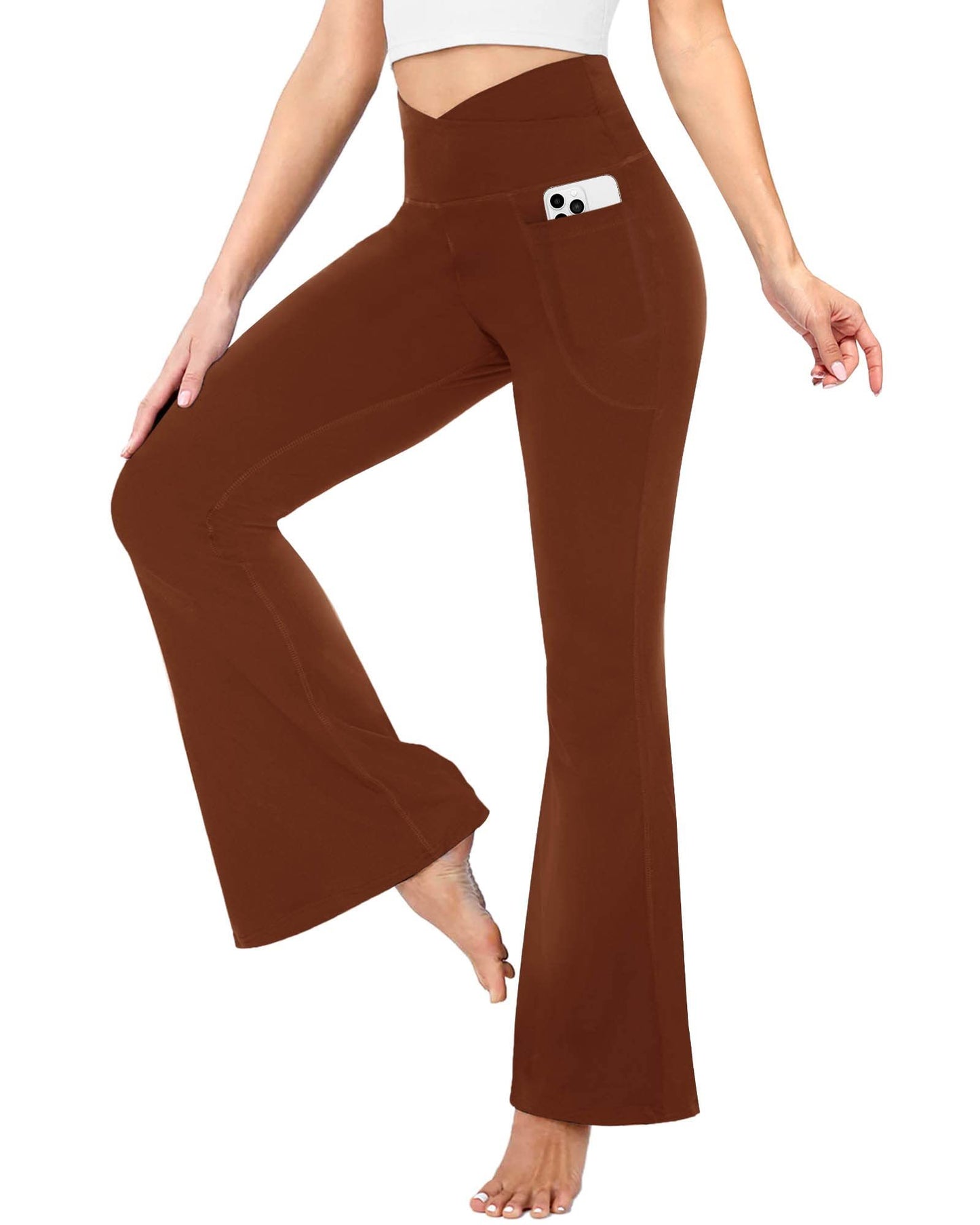 Flare Leggings For Women With Pockets - Crossover High Waisted Black Flared Leggings Yoga Gym Workout