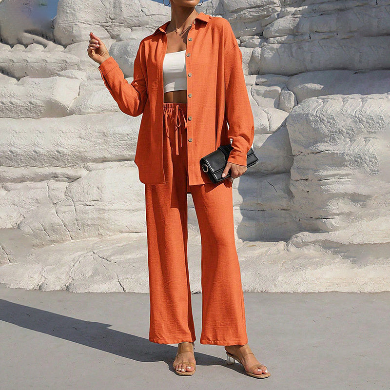 Women's Solid Color Lapel Long Sleeve Pants Set - Button-Up Casual Two-Piece Outfit With Drawstring Waist Lounge Wear