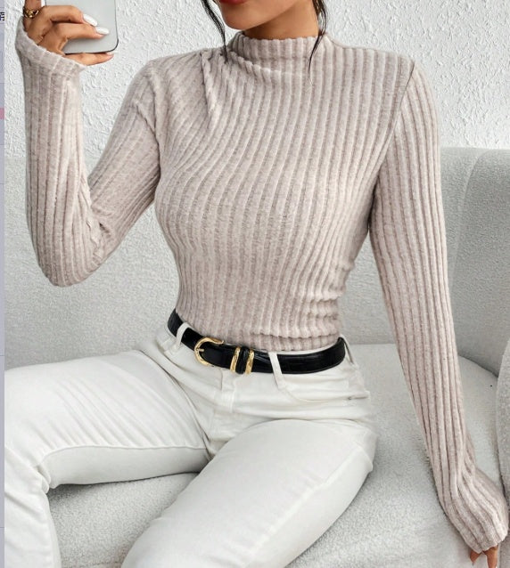 Women's Ribbed Mock Knit Long Sleeve Slim Casual High Neck Ribbed Knit Long Sleeve Women's Bodysuit Versatile Casual Jumpsuit.