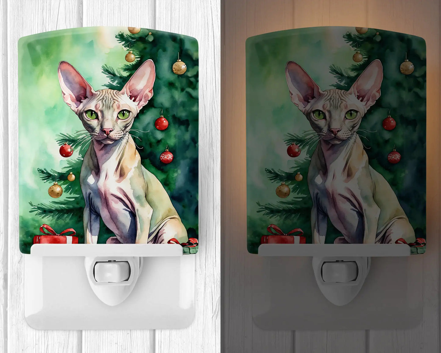 Peterbald Cat By the Christmas Tree Ceramic Night Light