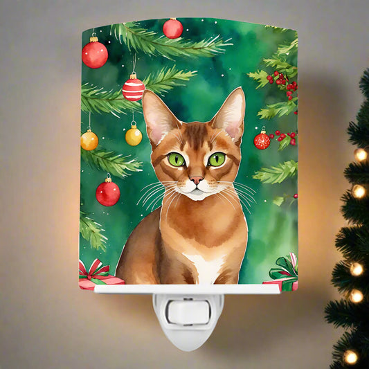 Abyssinian Cat By the Christmas Tree Ceramic Night Light