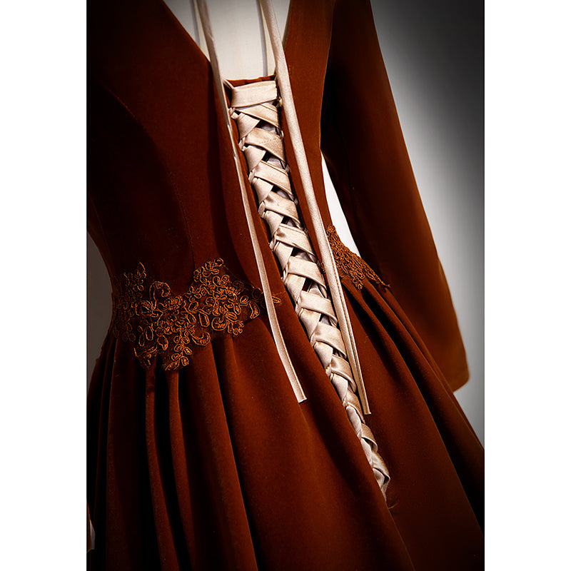 Brown velvet long sleeve dress with lace-up bodice and embroidered waist