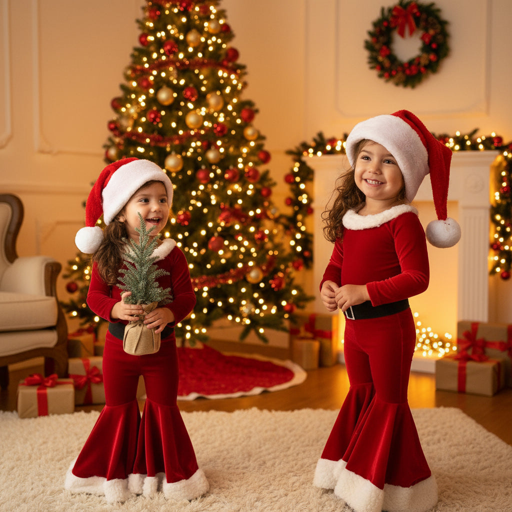 Winter Christmas Long-sleeved Shirt Bell Bottoms Hat Three-piece Children's Clothing