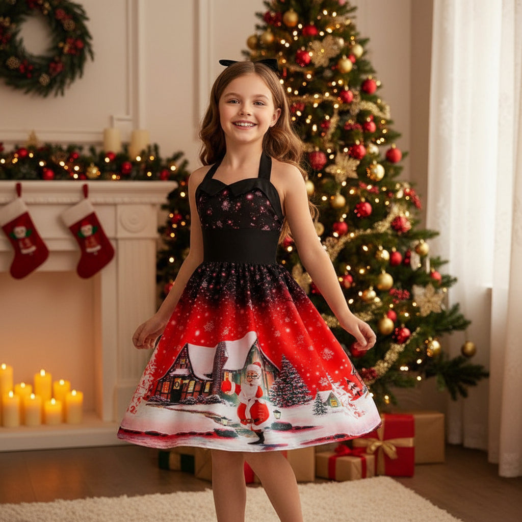 Kids halter neck dress with black bodice and red Christmas village print skirt