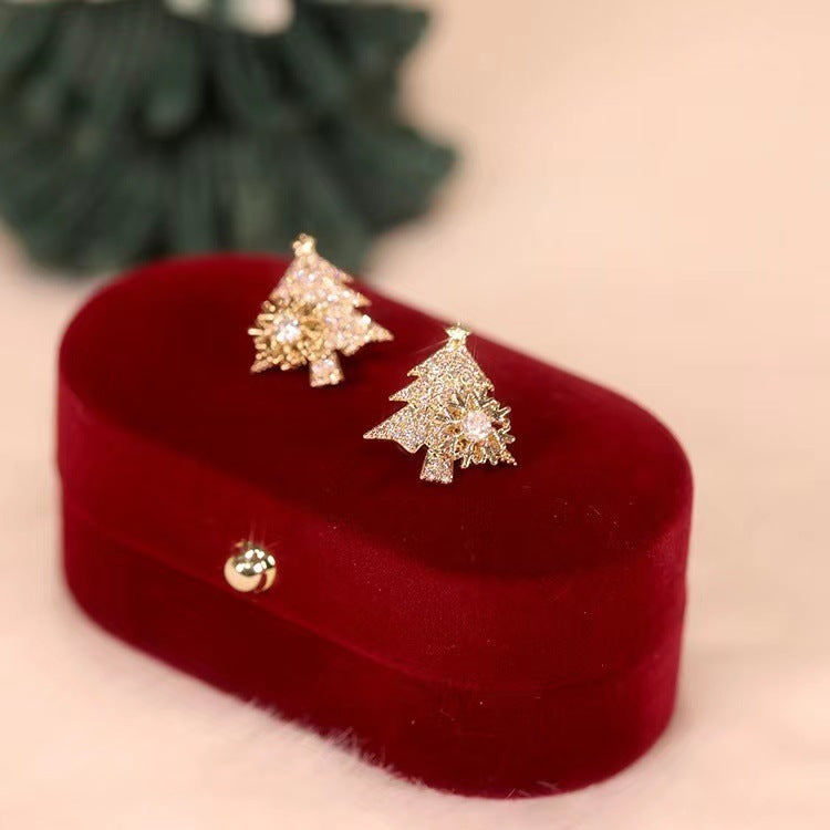 Rotatable Christmas Tree Shiny Rhinestone Snowflake Stud Earring Jewelry Gifts