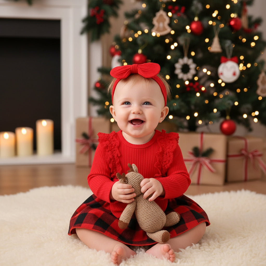 Children's Girl Baby Christmas Pit Stripe Spliced Lace Plaid Triangle Set
