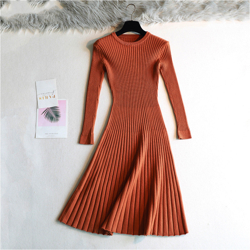 Round Neck Knitted Long Sleeve A- Line Dress