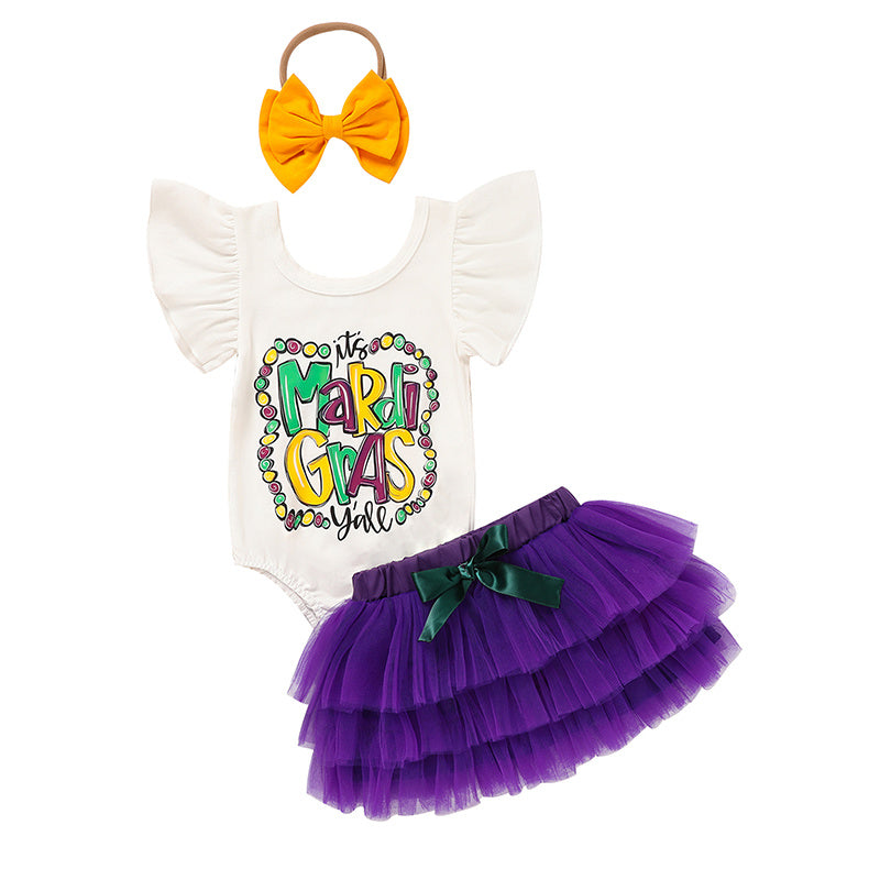 Baby Girls' Mardi Gras Outfit Set Ruffle Sleeve Letter Print Bodysuit, Mesh Tutu Skirt & Hairband