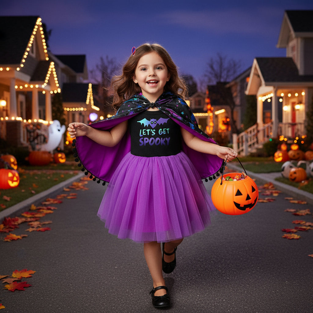 Little Girls 2Pcs Halloween Outfits Sleeveless Tulle Dress With Hooded Cloak Set Clothes