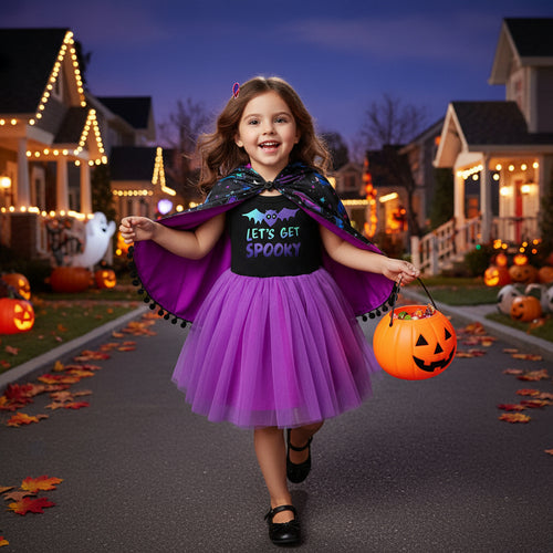 Little Girls 2Pcs Halloween Outfits Sleeveless Tulle Dress With Hooded Cloak Set Clothes