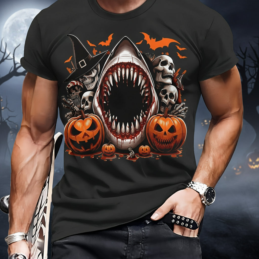 Men's Casual Polyester Round Neck T-shirt With 3D Shark And Halloween Pumpkin Fitted Knit Fabric, Slightly Elastic