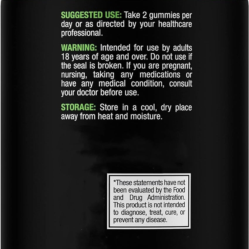 Directions, warnings, and storage text on sea moss gummy supplement bottle