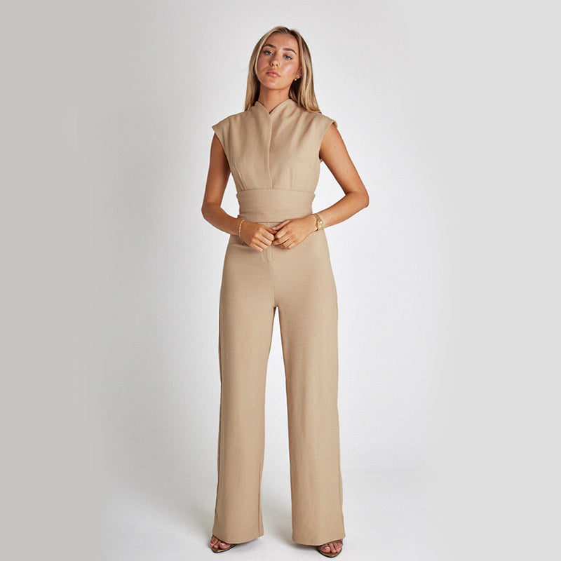 Fashion Elegant Sleeveless Jumpsuit Summer V-neck Casual Wide Leg Long Overalls Clothing For Women