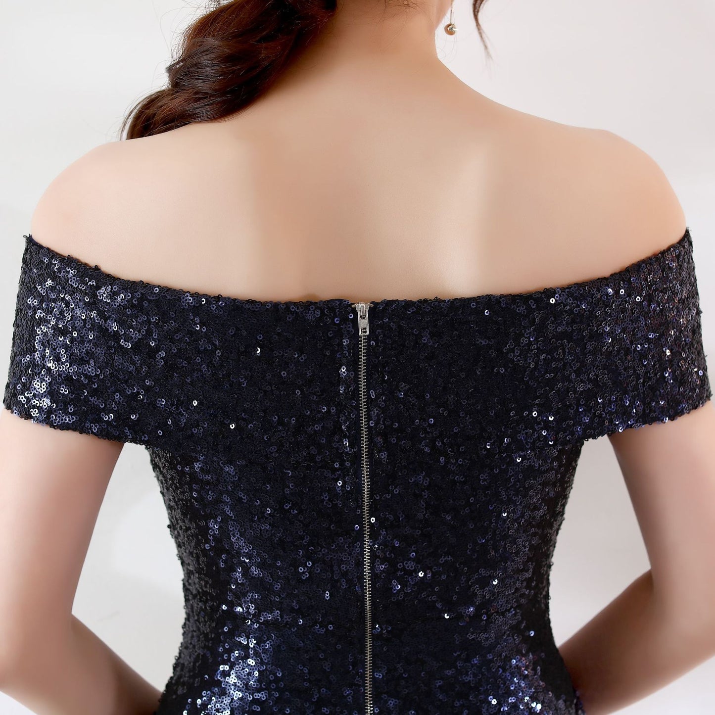 Off-shoulder dark blue sequin dress back with center zipper, fitted bodice