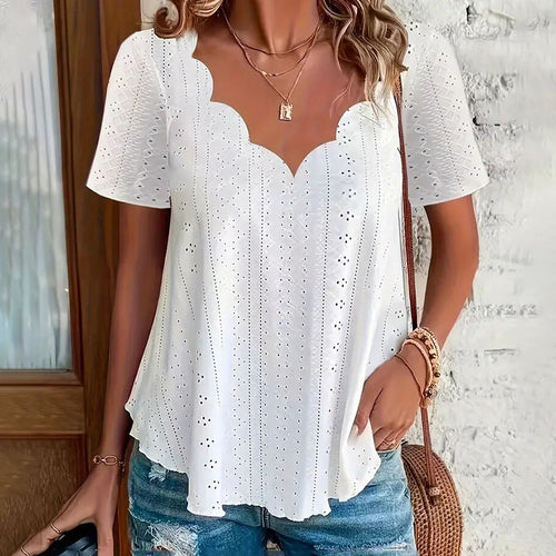 Women's Summer Scallop Trim V Neck Eyelet T-Shirt Short Sleeve Top Dressy Casual Tunic Blouses