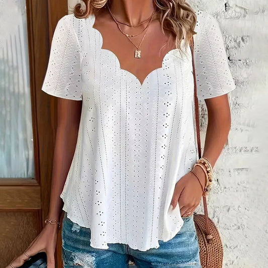 Women's Summer Scallop Trim V Neck Eyelet T-Shirt Short Sleeve Top Dressy Casual Tunic Blouses