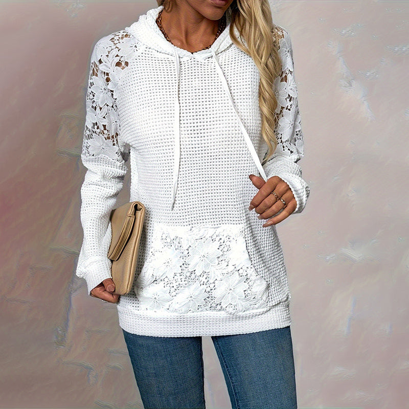 Women's Solid Color Casual Sweatshirt With Lace-Trimmed Sheer Sleeves & Large Lace Pockets, Pullover Hoodie