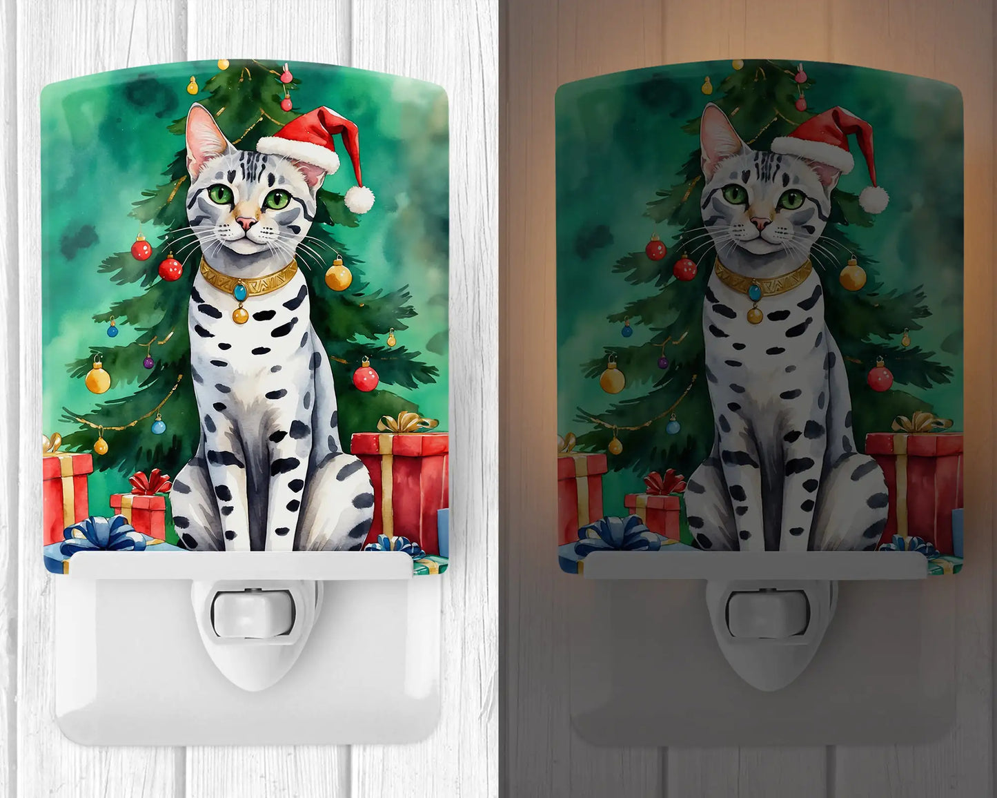 Egyptian Mau Cat By the Christmas Tree Ceramic Night Light