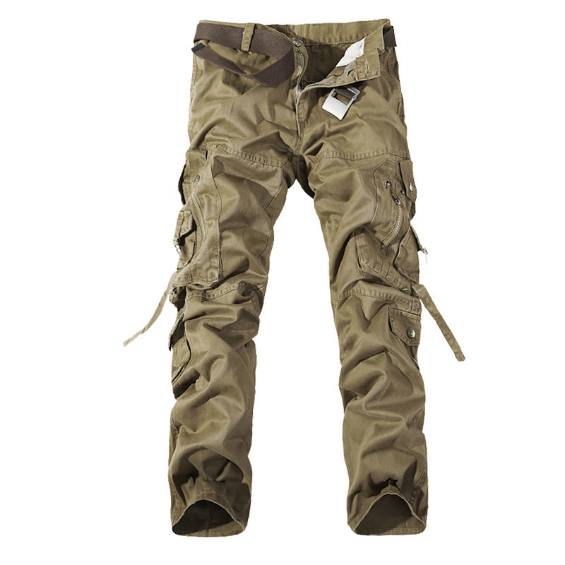 Tan men’s multi-pocket cargo pants, washed finish, zip fly, belt loops, cargo flap pockets.