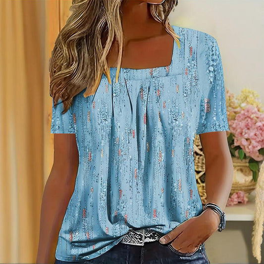 Women's Casual Square Neck Glitter T-Shirt - Sparkling Short Sleeve Top With Printed Design, Vibrant Fashion Tee