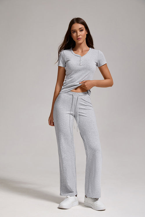 Women's Casual Two-piece Set With V-neck Button, Short Sleeved, Low Waisted Flared Pants, Sportswear