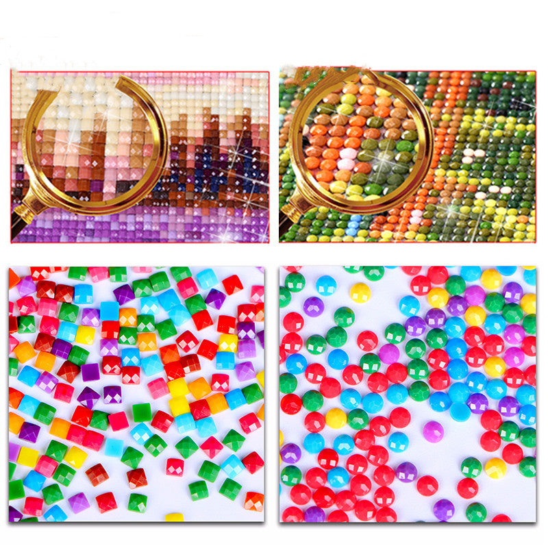 Diamond painting bead samples with multicolor square drills on canvas