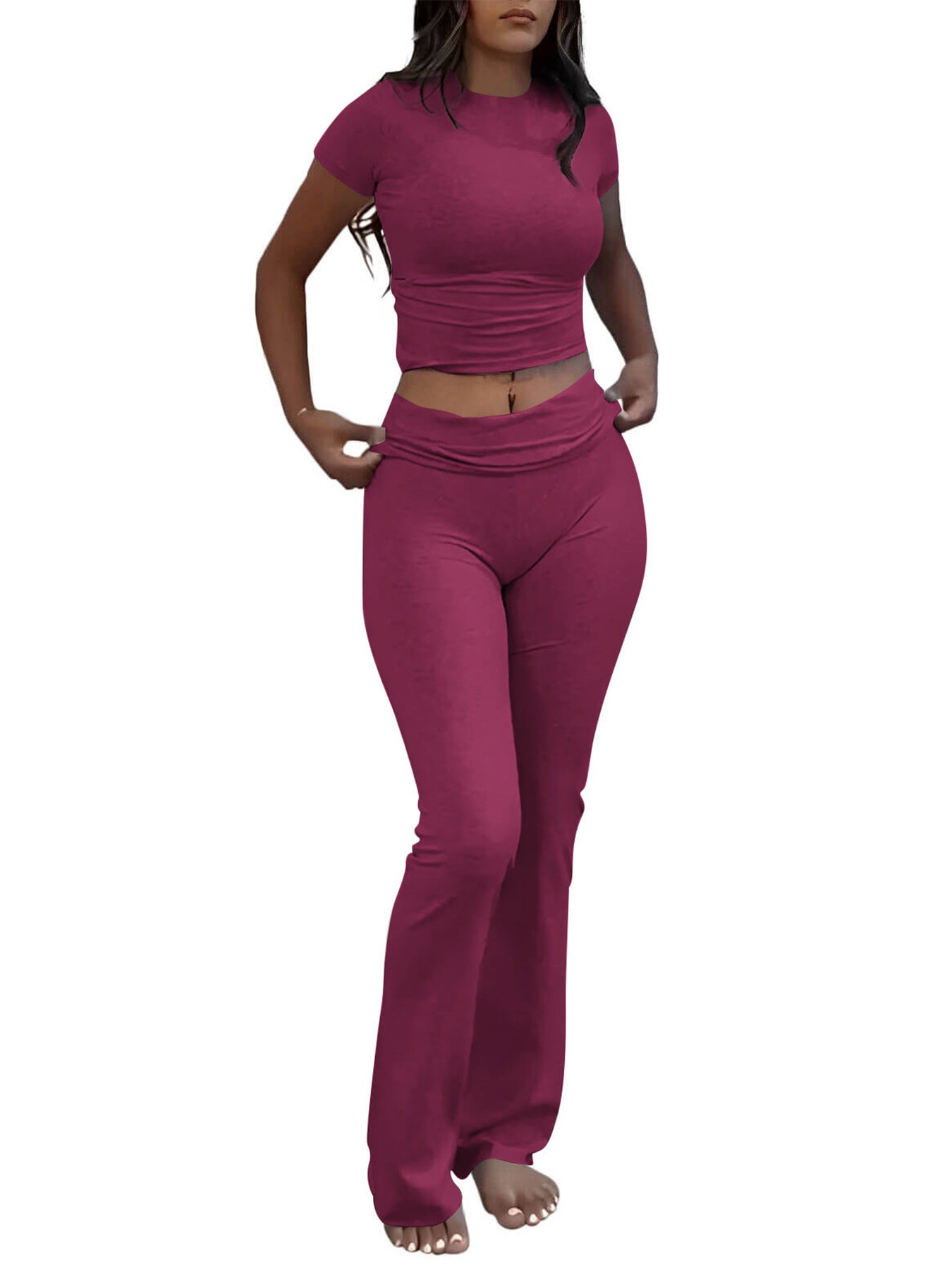 Casual Solid Color Slim Fit Two-piece Set, Short Sleeved Round Neck T-shirt And Tight Flared Sports Pants