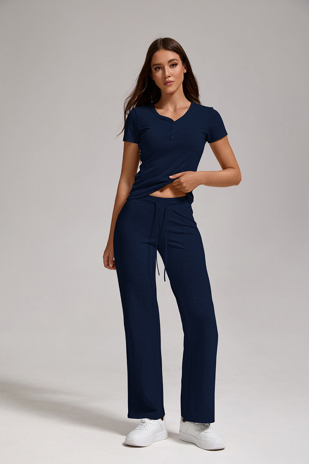 Women's Casual Two-piece Set With V-neck Button, Short Sleeved, Low Waisted Flared Pants, Sportswear