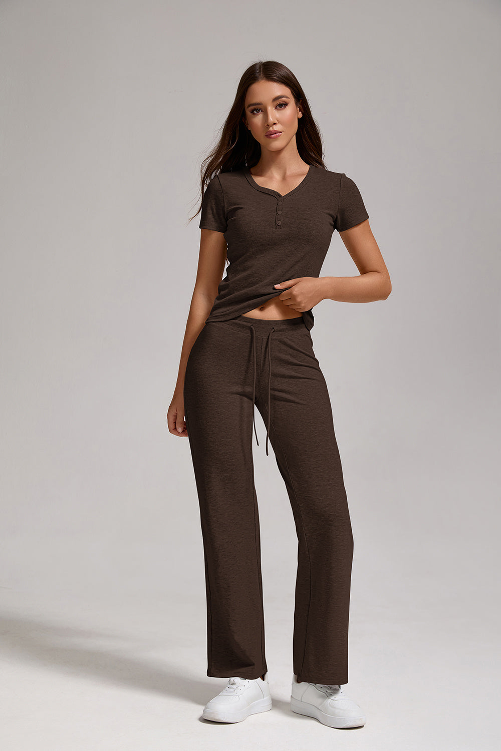 Women's Casual Two-piece Set With V-neck Button, Short Sleeved, Low Waisted Flared Pants, Sportswear