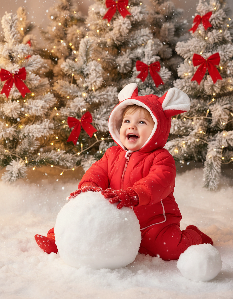Red insulated toddler snowsuit with hood and front zipper, holding a snowball