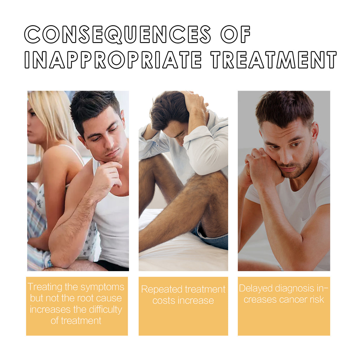 Herbal prostate supplement info graphic with three panels about inappropriate treatment