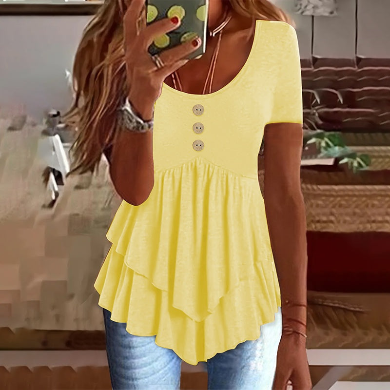 Yellow button-front tunic top with crew neck, short sleeves, tiered hem