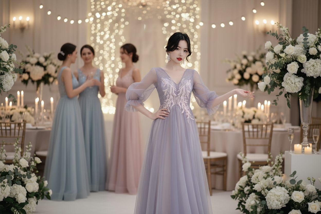 Lavender long bridesmaid dress with lace bodice and sheer puff sleeves