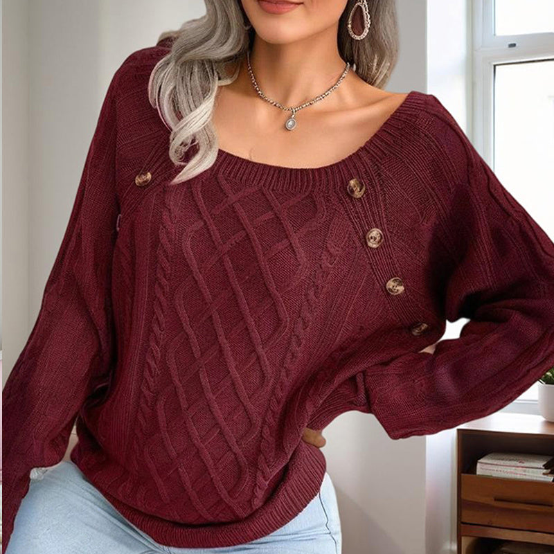 Women's Solid Color Casual Square Neck Button-Detail Knit Top - Textured Ribbed Pattern