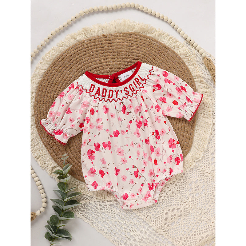 Infant Floral Smocked Romper 'DADDY'S Girl' Embroidery Short Sleeve Crew Neck Adorable Princess Party Bodysuit