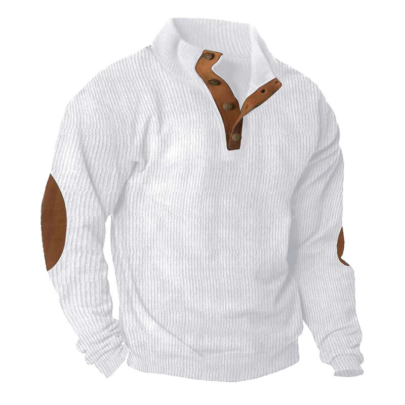 White corduroy stand-collar long-sleeve sweater with brown snap placket