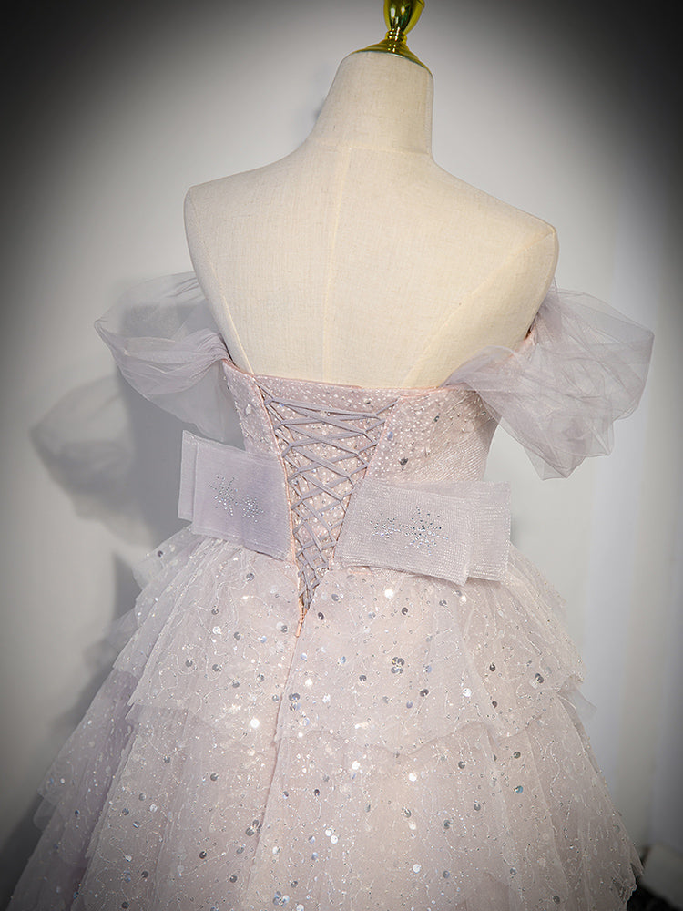 Off-shoulder lavender gown with lace-up corset back and sparkly tulle skirt