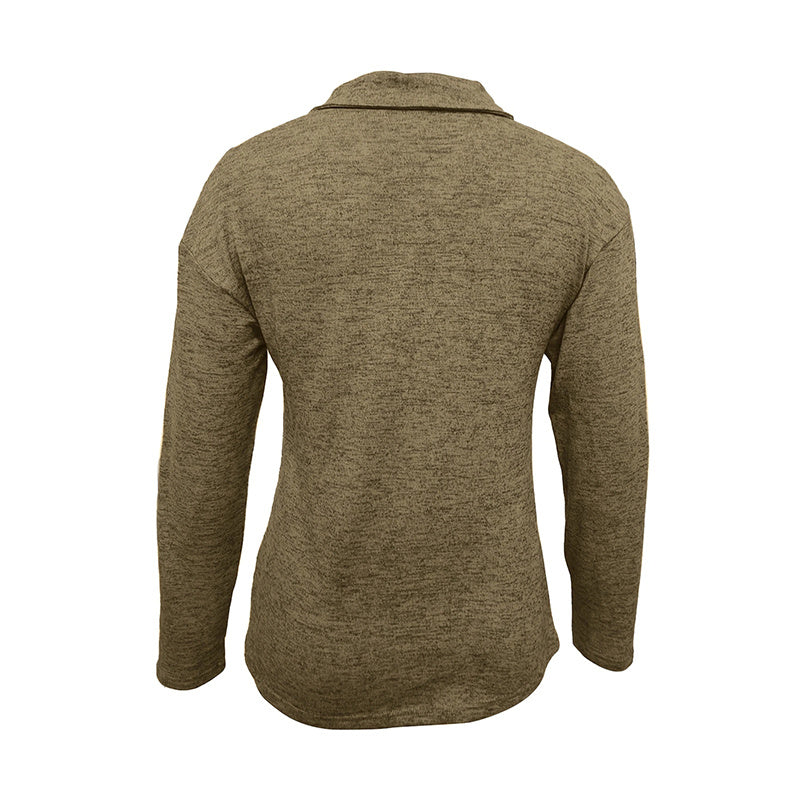 Women's Solid Color Knit Zip-Up Collar Long Sleeve Top - Casual Fashion Blouse