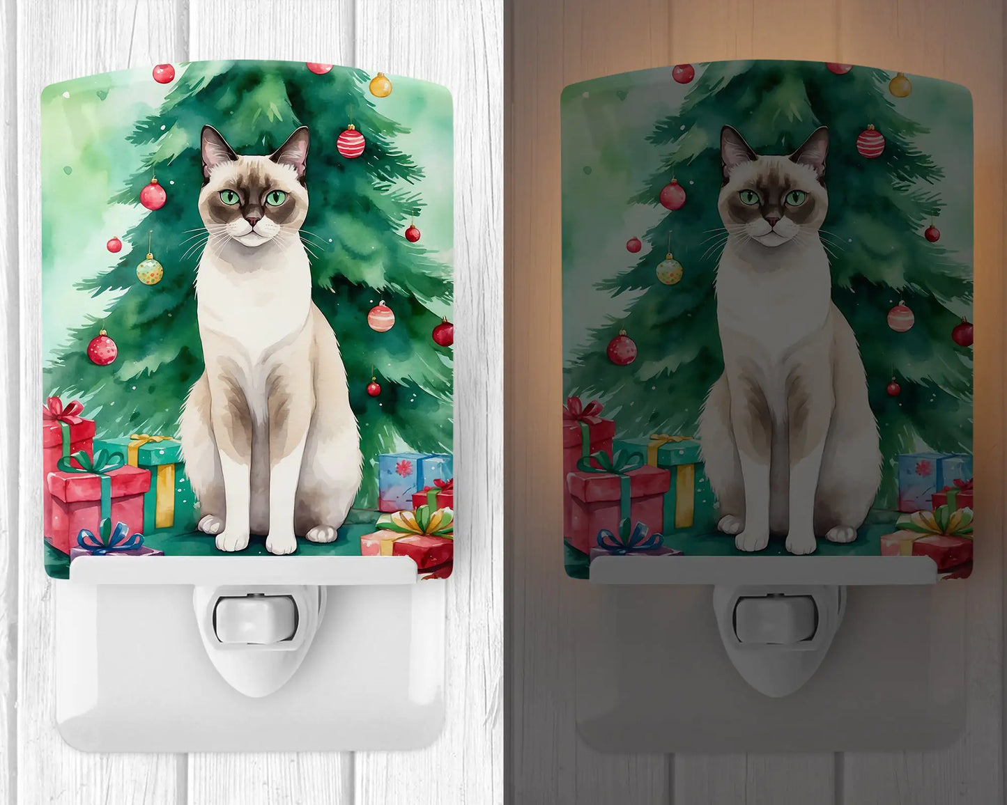 Snowshoe Cat By the Christmas Tree Ceramic Night Light