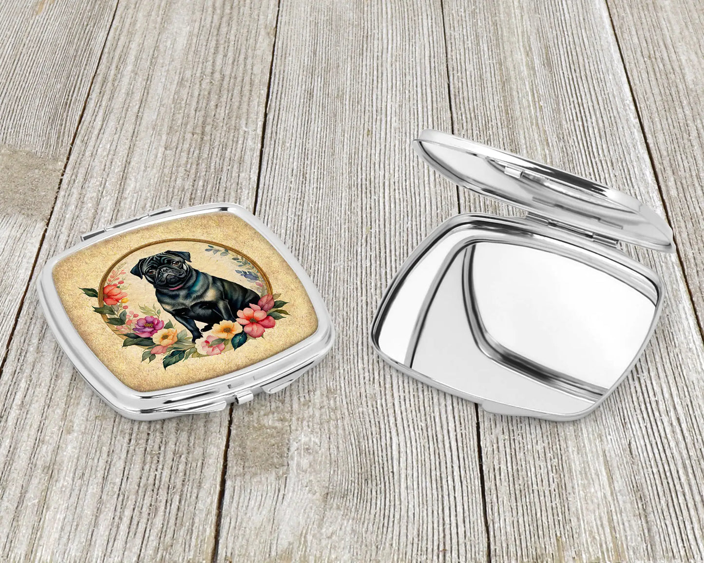 Black Pug and Flowers Compact Mirror