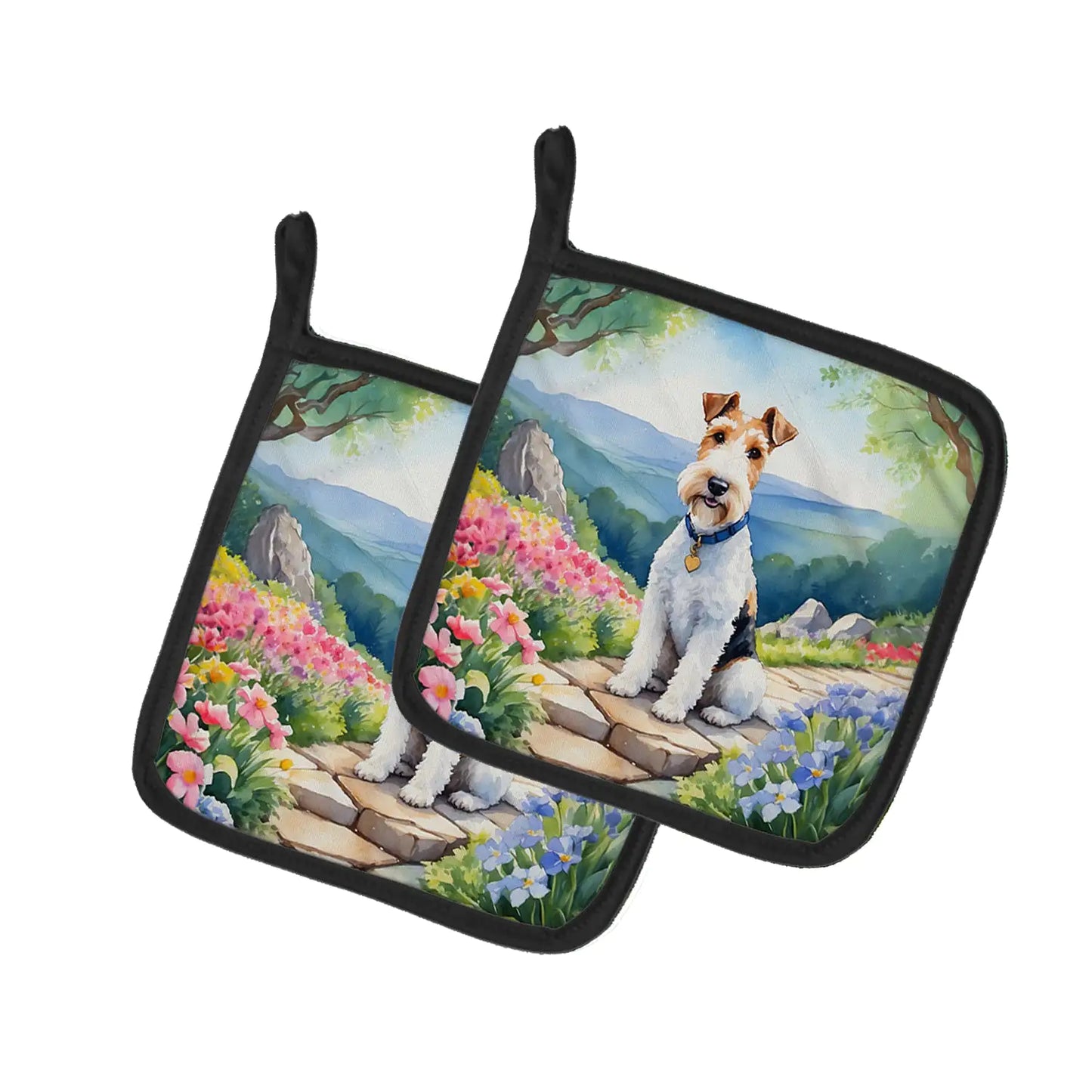 Fox Terrier Spring Path Pair of Pot Holders