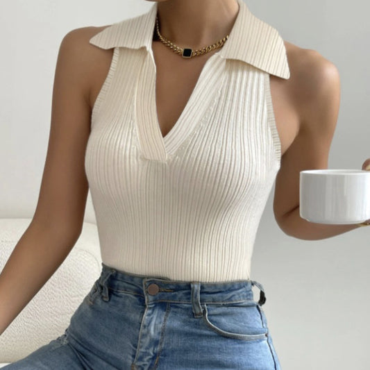 Ladies' Fashionable Casual Solid Color Lapel Halter Vest Top