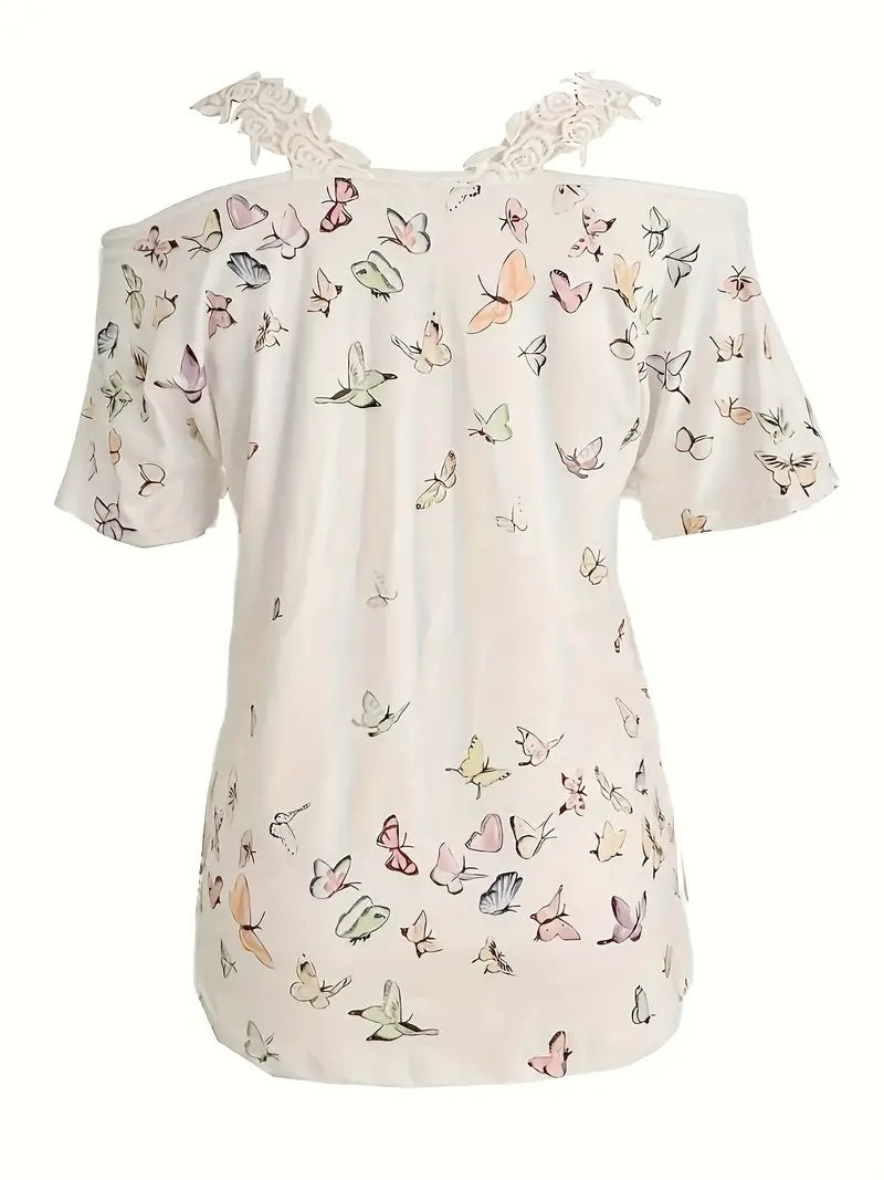 New Butterfly Print V-neck T-shirt Lace Casual Off-the-shoulder Short-sleeved Top
