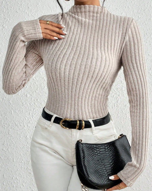 Women's Ribbed Mock Knit Long Sleeve Slim Casual High Neck Ribbed Knit Long Sleeve Women's Bodysuit Versatile Casual Jumpsuit.