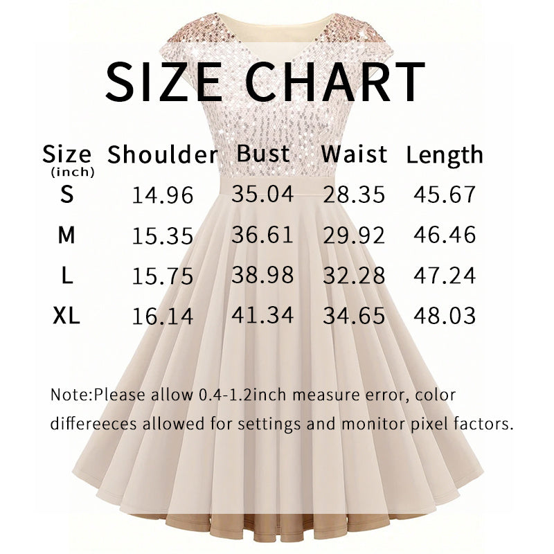Size chart for champagne sequin V-neck cap-sleeve pleated cocktail dress (inches)